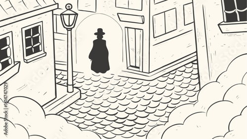 Silhouette of a person in hat and coat standing in an archway on a cobblestone street with buildings