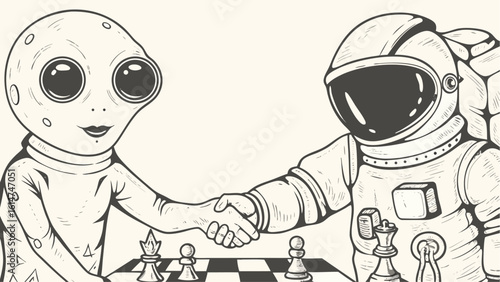 Alien and astronaut shaking hands over a chess board in a black and white line drawing style image