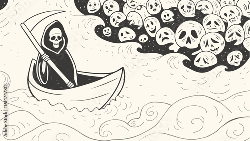 Grim reaper in a boat on wavy water with many ghost faces floating above in a monochrome illustration