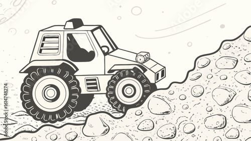 Illustration of a lunar rover driving over a rocky surface with a moon in the background drawing style