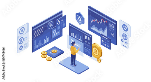 Isometric cryptocurrency trading analysis with data charts and digital
