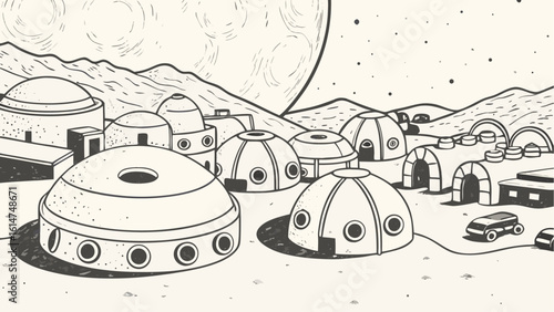Illustration of a lunar colony with dome shaped buildings and a large moon in the background scene