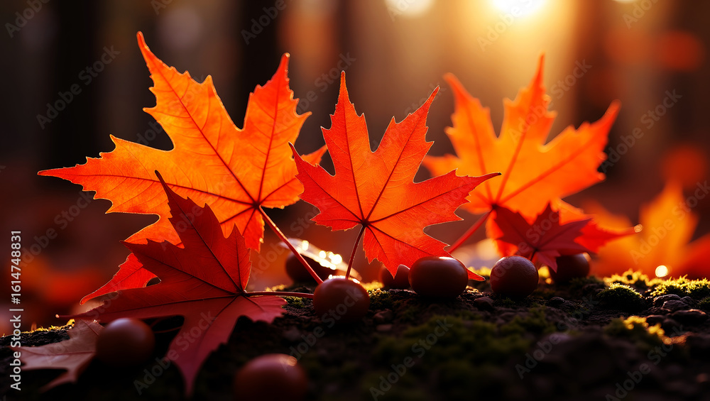 Fototapeta premium Bright Orange Maple Leaves and Acorns in Autumn Sunlight
