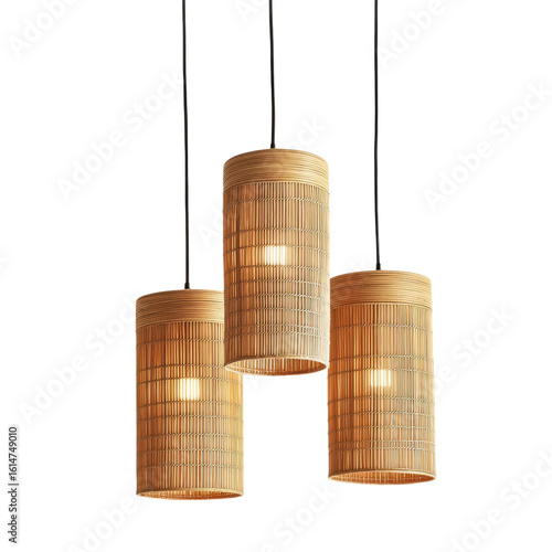 Three cylindrical-shaped bamboo pendant lights, with rattan and natural colors, against a white background