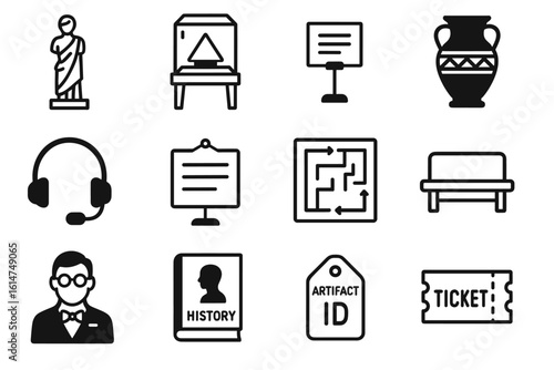 Museum icon set: artifacts, displays, tickets, and audio guides