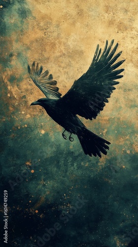 Raven in Flight on Abstract Background Dark Bird Soaring Art