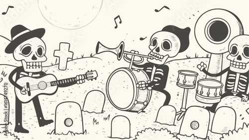 Skeletons playing musical instruments in a graveyard under the moonlight with tombstones around them