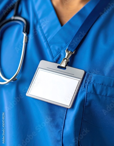 Close-up of a blank ID badge on a blue medical scrub top