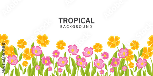 Spring or summer cards, banner with cute flowers. tropical Floral botanical art templates for holiday poster, Mother's Day, Easter and Birthday  invitation, social media post, cover, advertisement.