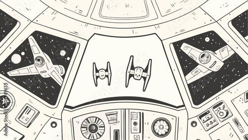 View from a spaceship cockpit looking out at two tie fighters and two other space ships in space