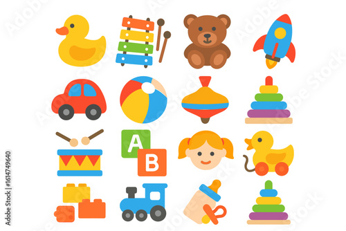Colorful collection of classic children's toys and play items for imaginative fun