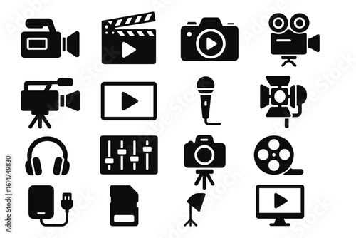 Set of filmmaking and audio equipment icons in black silhouette style