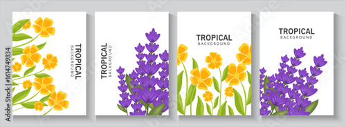 Spring or summer cards, banner with cute flowers. tropical Floral botanical art templates for holiday poster, Mother's Day, Easter and Birthday  invitation, social media post, cover, advertisement.