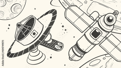 Fototapeta Naklejka Na Ścianę i Meble -  Illustration of a satellite dish and a space station with planets and stars in the background