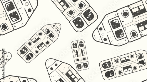 Scattered spaceship modules with windows and circular details on a white background creating a pattern