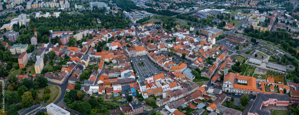 Naklejka premium Aerial view of the city Ceska Lipa in the czech Republic on a rainy summer day.
