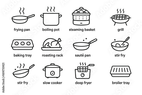 Collection of kitchen cooking utensils and appliances illustrations