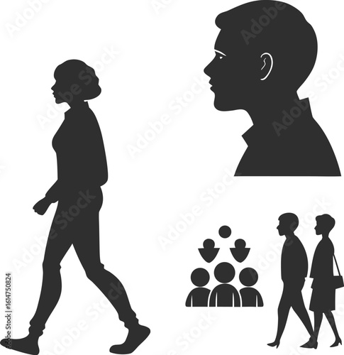 Dark grey silhouette icons of people walking and a group of figures vector