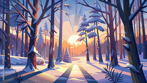 A peaceful snowy forest at dawn, with frost-covered branches and long shadows cast by the rising sun