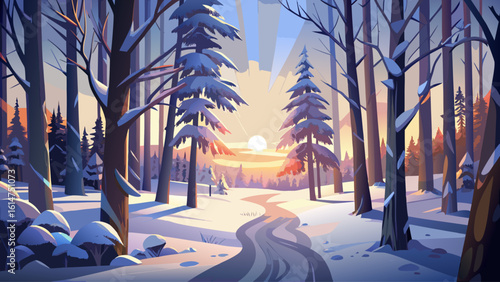 A peaceful snowy forest at dawn, with frost-covered branches and long shadows cast by the rising sun