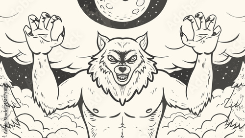 Illustration of a werewolf with raised arms under a full moon in a forest landscape scene