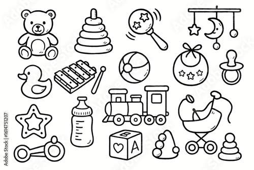 Collection of children’s toys: bear, rattle, duck, train, ball, pacifier in black and white