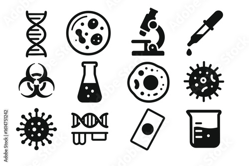 Scientific icons set: dna, microscopy, biochemistry symbols for research and education