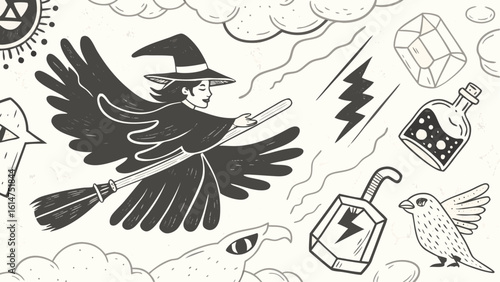 A witch flying on a broomstick with a potion bottle and a bird in a whimsical doodle style