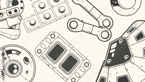 Illustration of various mechanical parts and components in a detailed line drawing style format