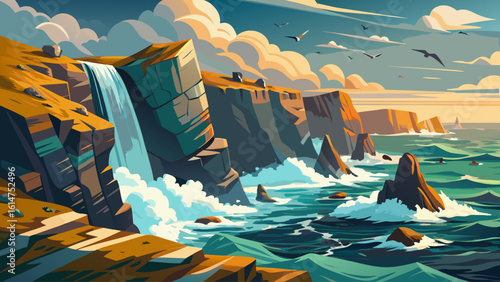 A dramatic rocky coastline with crashing waves and high sea cliffs, where seabirds soar in the ocean breeze