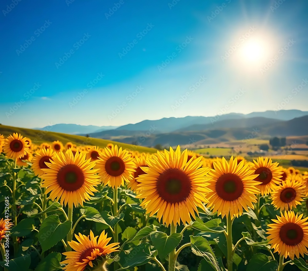 Fototapeta premium Sunflowers in a Field on a Sunny Day with Mountains