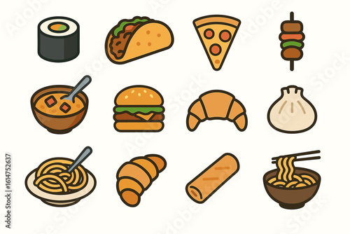 Colorful icons of global foods: sushi, taco, pizza, noodles, dumpling, burger