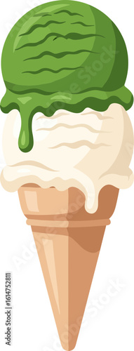 Double Scoop Ice Cream Cone with Green Tea (Matcha) and Vanilla Flavors on Vector illustration icon