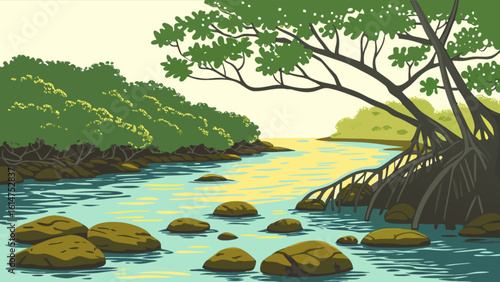 Scenic river landscape illustration with rocks trees and water for backgrounds and nature themed designs