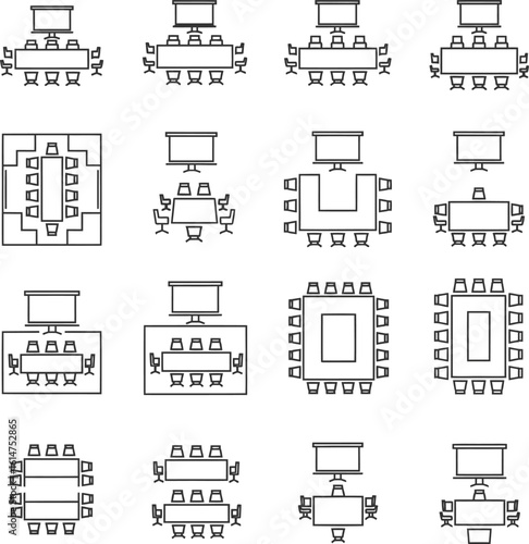 Meeting Room & Conference Table Line Icons - Office Layouts & Boardroom Setup