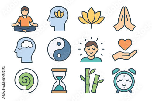 Mindfulness and wellness icons: meditation, relaxation, balance, serenity