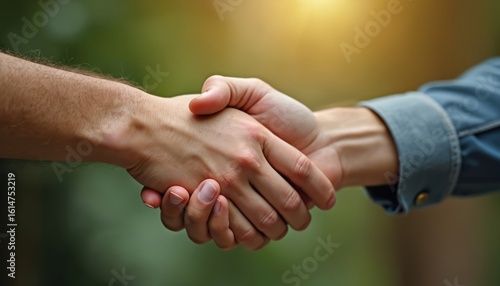 Wallpaper Mural Two hands meet in a firm handshake, symbolizing agreement and partnership. One person wears a denim shirt, the other shows arm hair. Sunlight streams through blurred green background. Torontodigital.ca