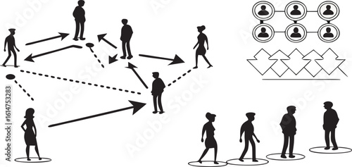 Black silhouette figures connected by arrows and dotted lines with network diagram and arrow cluster
