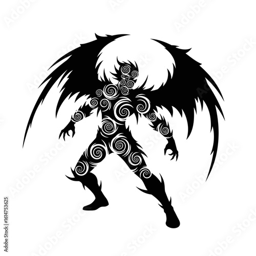 Winged Demon Silhouette with Swirling Body Markings in a Dynamic Stance