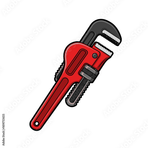 Cartoonstyle red pipe wrench with black head and silver adjustment knob