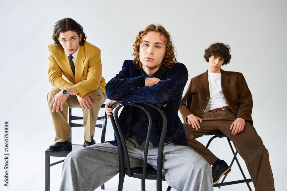 Fototapeta premium Young stylish friends showcase fashion trends while posing creatively together indoors