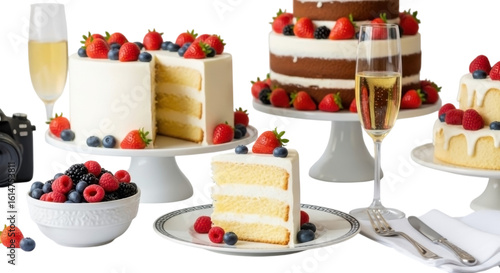 Deliciously decorated layer cakes with fresh berries and champagne glasses isolated on transparent background