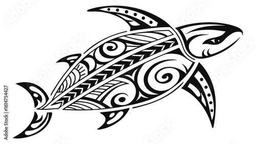Stylized black and white shark with tribal patterns and intricate designs swimming in the ocean water