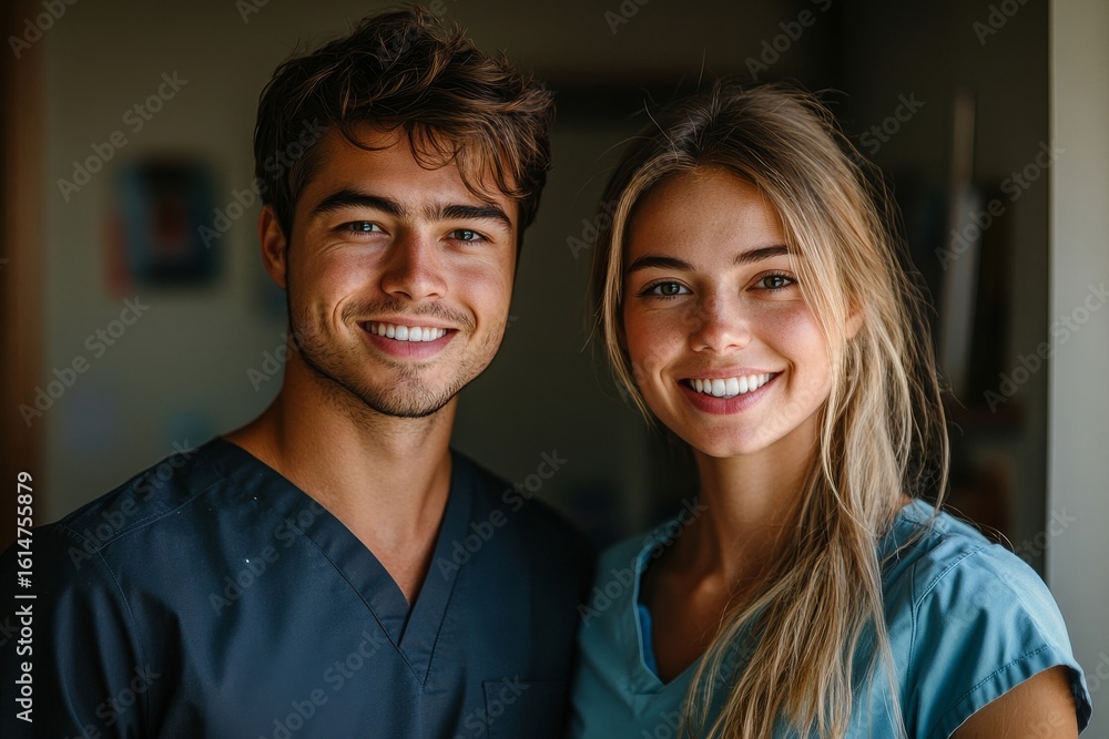 Portrait of young dentist and his nurse at a private dental clinic, showcasing professionalism and collaboration in a healthcare setting, Generative AI Portrait of young dentist and his nurse at a private dental clinic, showcasing professionalism and collaboration in a healthcare setting, Generative AI