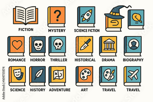 Illustrated book genres collection with icons for fiction, mystery, and more