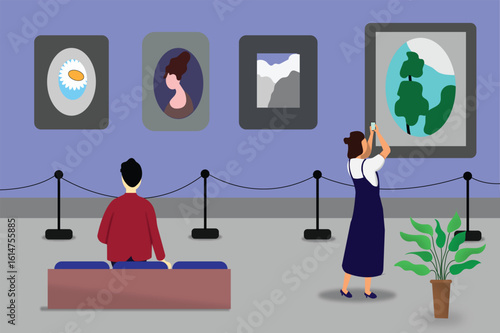 Flat illustration of people interacting in a museum environment