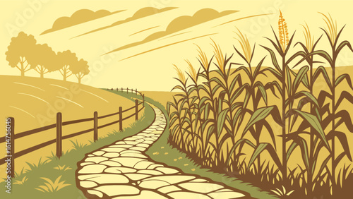 Illustration of corn field landscape with stone path and fence in rural farm setting vector art