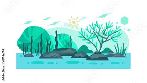 Aquatic ecosystem illustration with plants algae rocks and sunlight vector background for web and design