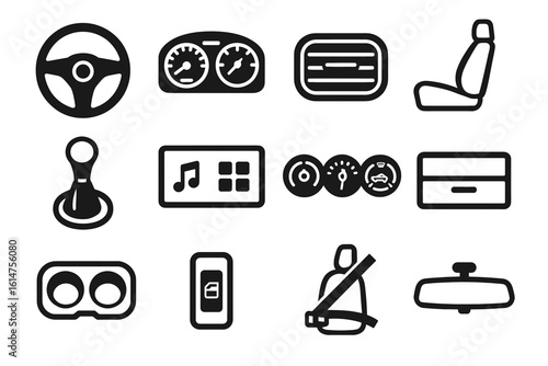 Car interior icons set: steering, dashboard, seat, gear, music, controls, seatbelt, mirror
