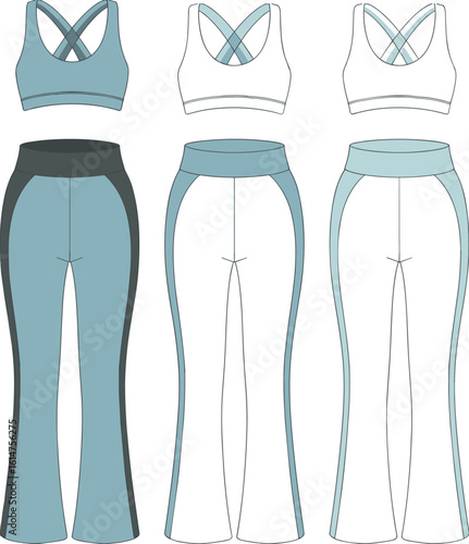Sports bra and yoga pants flat sketch, activewear technical drawing, vector fashion template, fitness clothing design, gym apparel illustration